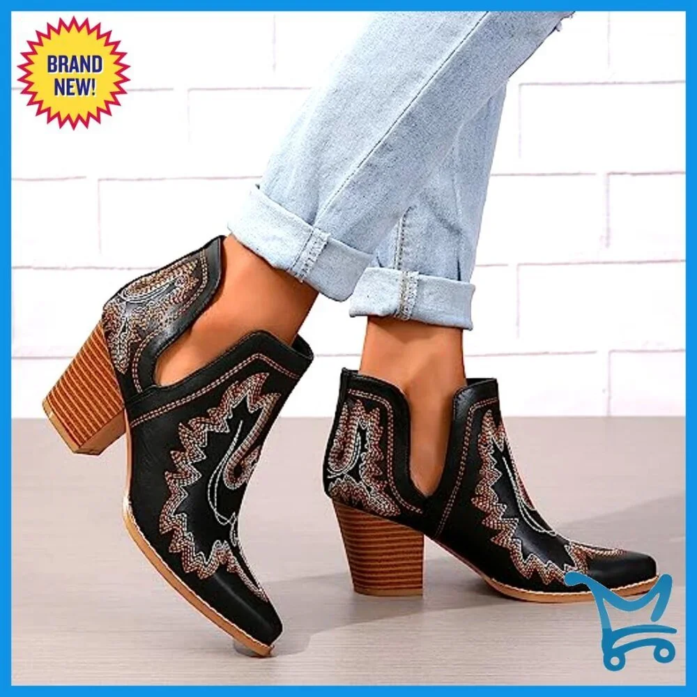 Women's Western Cowboy Booties Embroidered Stitched Pointed Toe Ankle Boots